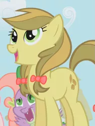 Size: 543x719 | Tagged: safe, derpibooru import, screencap, apple strudely, spike, earth pony, pony, friendship is magic, apple family member, background pony, bow, cropped, female, hair bow, mare, open mouth, solo focus