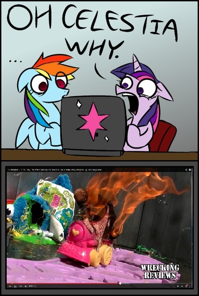 Size: 473x700 | Tagged: computer, computer meme, derpibooru import, doom train, exploitable meme, fire, friendship express, leokimvideo, locomotive, meme, rainbow dash, safe, steam locomotive, toy, toy abuse, train, twilight sparkle, wrecking reviews, youtube, youtube link