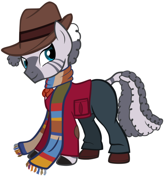 Size: 2294x2486 | Tagged: alternate costumes, alternate hairstyle, artist:cloudyglow, clothes, derpibooru import, doctor who, ear piercing, earring, female, fourth doctor, jewelry, piercing, quadrupedal, safe, scarf, simple background, zebra, zecora