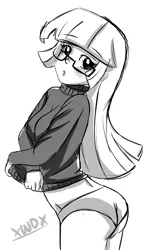 Size: 1851x3239 | Tagged: artist:xwhitedreamsx, blushing, breasts, clothes, derpibooru import, glasses, grayscale, human, humanized, looking at you, monochrome, panties, solo, suggestive, twilight sparkle, underwear, undressing