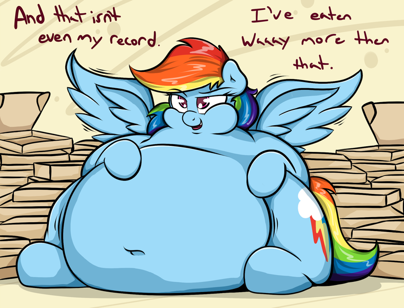 Size: 1771x1350 | Tagged: artist:graphenescloset, belly, belly button, big belly, chubby cheeks, derpibooru import, fat, feeding dash, flank, food, impossibly large belly, kitchen eyes, morbidly obese, obese, pizza, pizza box, questionable, rainblob dash, rainbow dash, solo, spread wings, tubby wubby pony waifu