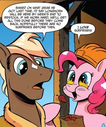 Size: 735x876 | Tagged: safe, artist:andypriceart, derpibooru import, idw, pinkie pie, sheriff tumbleweed, earth pony, pony, spoiler:comic, spoiler:comic25, chilli, cropped, eating, female, fire, flame eyes, food, male, mare, official comic, speech bubble, stallion, star (coat marking), wingding eyes