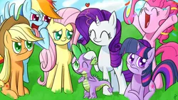 Size: 1920x1080 | Tagged: safe, artist:paradigmpizza, deleted from derpibooru, derpibooru import, applejack, fluttershy, pinkie pie, rainbow dash, rarity, spike, twilight sparkle, cloud, cloudy, confetti, grass, mane seven, mane six, spikelove, tongue out