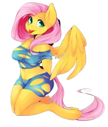 Size: 1024x1200 | Tagged: suggestive, artist:oogiiboogiiman, derpibooru import, fluttershy, anthro, belly button, breasts, busty fluttershy, cleavage, clothes, curvy, female, midriff, shorts, solo, solo female, tongue out, torn clothes