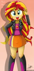 Size: 645x1321 | Tagged: safe, artist:the-butch-x, derpibooru import, part of a set, sunset shimmer, equestria girls, rainbow rocks, beautiful, beautiful x, breasts, clothes, cute, cutie mark, cutie mark on equestria girl, explicit source, female, hand on hip, peace sign, shimmerbetes, skirt