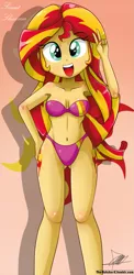 Size: 645x1321 | Tagged: suggestive, alternate version, artist:the-butch-x, derpibooru import, sunset shimmer, equestria girls, rainbow rocks, adorasexy, armpits, beautiful, beautiful x, belly button, bra, breasts, clothes, cute, cutie mark, cutie mark on equestria girl, female, hand on hip, legs, panties, peace sign, sexy, shimmerbetes, solo, solo female, underass, underwear