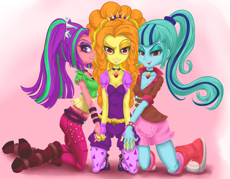 Size: 1567x1220 | Tagged: suggestive, artist:nipa, derpibooru import, adagio dazzle, aria blaze, sonata dusk, equestria girls, rainbow rocks, breasts, cleavage, female, midriff, pixiv, the dazzlings