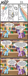 Size: 800x2153 | Tagged: safe, artist:umneem, derpibooru import, rainbow dash, twilight sparkle, twilight sparkle (alicorn), oc, oc:dispersion, alicorn, pegasus, pony, unicorn, comic:my rational pony, 4koma, book, bookshelf, comic, female, golden oaks library, library, mare, recursion