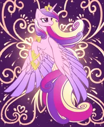 Size: 900x1100 | Tagged: safe, artist:floofurr, derpibooru import, princess cadance, alicorn, pony, abstract background, female, flying, lidded eyes, looking back, mare, solo, spread wings, wings