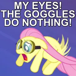 Size: 450x450 | Tagged: safe, derpibooru import, edit, edited screencap, screencap, fluttershy, hurricane fluttershy, caption, goggles, image macro, open mouth, reaction image, reference, solo, the simpsons