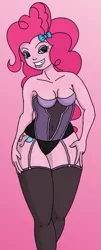 Size: 389x965 | Tagged: suggestive, artist:nightwryte, derpibooru import, pinkie pie, equestria girls, bedroom eyes, belly button, breasts, cleavage, clothes, corset, female, hips, humanized, looking at you, panties, smiling, solo, solo female, stockings, underwear, wide hips
