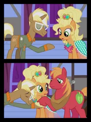 Size: 4000x5385 | Tagged: safe, artist:jeatz-axl, derpibooru import, edit, applejack, big macintosh, trenderhoof, earth pony, pony, simple ways, applejewel, eyes closed, gay, male, open mouth, scene parody, shipping, smiling, stallion, surprised, trendermac, what a twist