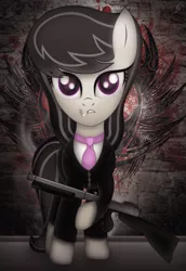 Size: 1325x1928 | Tagged: artist:vipeydashie, cigarette, derpibooru import, gangster, gun, mafia octavia, octavia melody, safe, smoking, tommy gun