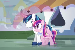 Size: 1350x900 | Tagged: artist:dm29, bag, canterlot, colt, cute, derpibooru import, female, force field, julian yeo is trying to murder us, male, princess cadance, rain, safe, shining armor, shiningcadance, shipping, straight, umbrella, wet mane, younger