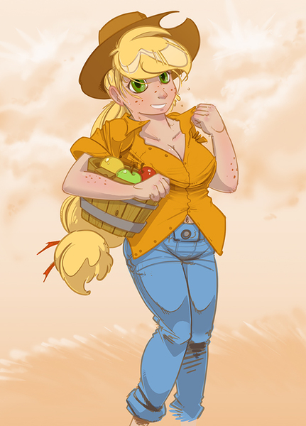 Size: 611x850 | Tagged: apple, applejack, artist:foolyguy, bucket, freckles, human, humanized, safe, solo