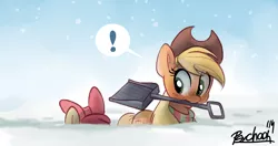 Size: 2635x1392 | Tagged: safe, artist:psychoon, derpibooru import, apple bloom, applejack, earth pony, pony, adorabloom, bow, cute, exclamation point, female, filly, hair bow, hat, jackabetes, looking back, mare, mouth hold, shovel, sisters, snow, snow shovel, snowfall, wallpaper, wide eyes
