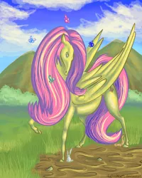 Size: 800x1000 | Tagged: safe, artist:caliconorth, derpibooru import, fluttershy, butterfly, rabbit, squirrel, solo
