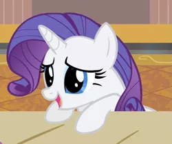 Size: 807x677 | Tagged: cute, derpibooru import, desk, rarity, rarity takes manehattan, safe, screencap, solo