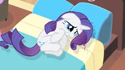 Size: 1920x1080 | Tagged: bed, crying, fetal position, rarity, rarity takes manehattan, sad, safe, screencap, solo, squiggletail