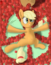 Size: 3239x4107 | Tagged: safe, artist:comradefluffski, derpibooru import, applejack, pony, apple, belly button, chest fluff, cute, hatless, jackabetes, lying, missing accessory, on back, silly, silly pony, smiling, snow angel, solo, that pony sure does love apples, who's a silly pony