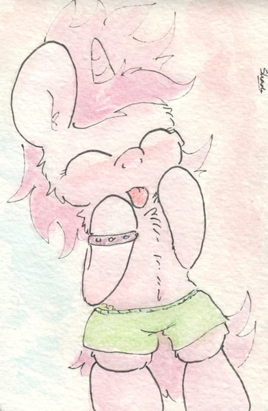 Size: 684x1048 | Tagged: safe, artist:slightlyshade, derpibooru import, ruby pinch, pony, bipedal, chest fluff, clothes, eyes closed, filly, shorts, solo, tongue out, traditional art