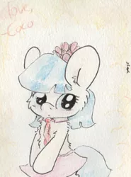 Size: 560x757 | Tagged: safe, artist:slightlyshade, derpibooru import, coco pommel, pony, bipedal, bow, clothes, cocobetes, cute, necktie, skirt, solo, traditional art