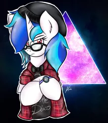 Size: 735x839 | Tagged: safe, artist:kristysk, derpibooru import, vinyl scratch, pony, unicorn, abstract background, band shirt, bandaid, beanie, black hat, black shirt, bowtie, clothes, female, glare, glasses, hat, hipster, horn, jacket, mare, panic! at the disco, plaid, plaid jacket, shirt, solo, t-shirt, watch, wristwatch