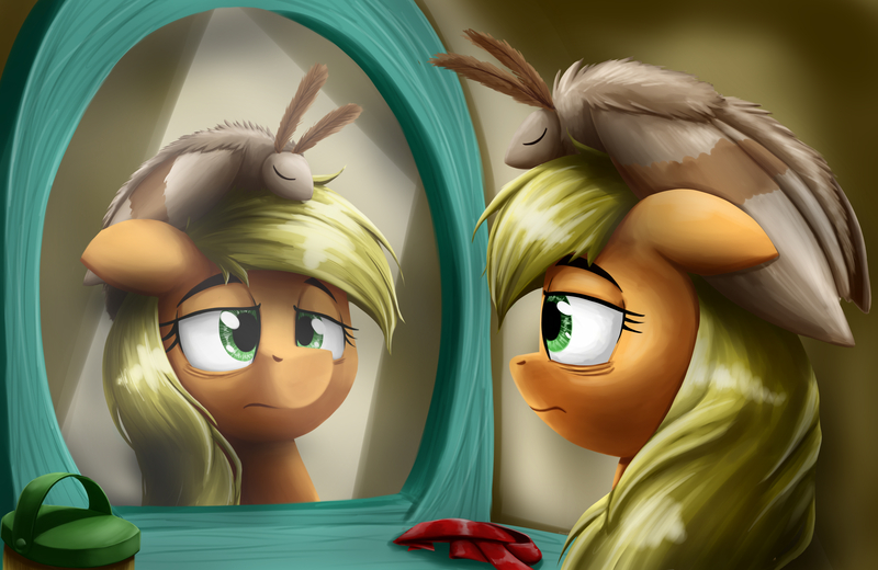 Size: 4363x2837 | Tagged: safe, artist:otakuap, derpibooru import, applejack, oc, oc:fluffy the bringer of darkness, earth pony, giant moth, insect, moth, pony, animal, brush, cute, eyes closed, female, floppy ears, frown, giant insect, lidded eyes, mare, messy mane, mirror, reflection, sleeping, sleepy, tired, unamused