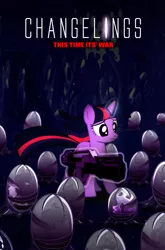 Size: 991x1500 | Tagged: alien, artist:dan232323, changeling, derpibooru import, egg, gun, m41a pulse rifle, magic, movie poster, parody, pulse rifle, rifle, safe, telekinesis, twilight sparkle, weapon