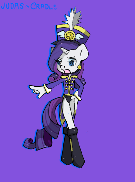 Size: 607x818 | Tagged: safe, artist:judas-cradle, derpibooru import, rarity, anthro, unicorn, testing testing 1-2-3, ancient wonderbolts uniform, beautiful, black underwear, boots, clothes, cute, female, hat, no pants, panties, purple background, sgt. rarity, shako, shoes, simple background, solo, underwear, uniform, wonderbolts uniform