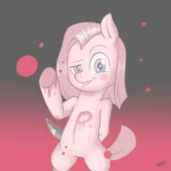 Size: 2000x2000 | Tagged: semi-grimdark, artist:pinkamina-diane-pie, artist:raph13th, derpibooru import, pinkie pie, semi-anthro, 30 minute art challenge, blood, female, grin, knife, looking at you, skull, skull eyes, smiling, solo, wingding eyes