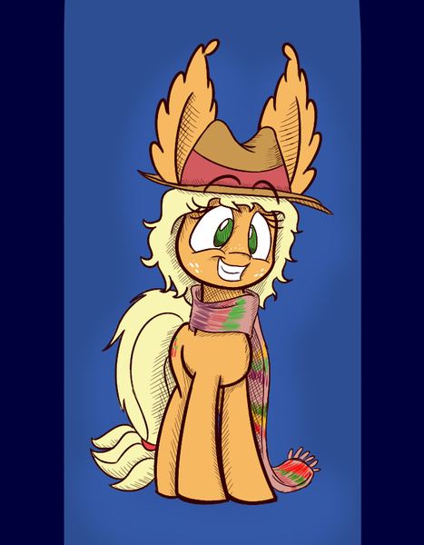 Size: 700x900 | Tagged: applejack, artist:heir-of-rick, clothes, cosplay, crossover, daily apple pony, derpibooru import, doctor who, ear fluff, fourth doctor, fourth doctor's scarf, impossibly large ears, safe, scarf, solo