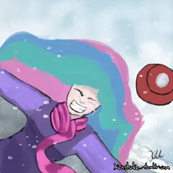Size: 1000x1000 | Tagged: 30 minute art challenge, artist:xenstroke, clothes, coat, derpibooru import, eyes closed, grin, happy, human, humanized, princess celestia, safe, scarf, smiling, snow, snowfall, solo