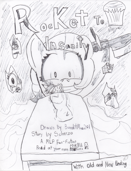 Size: 841x1098 | Tagged: artist:banditmax201, comic, comic cover, comic:rocket to insanity (banditmax201), cover, crying, cupcake, derpibooru import, fanfic, fanfic art, fanfic:rocket to insanity, insanity, knife, pinkie pie, rainbow dash, semi-grimdark