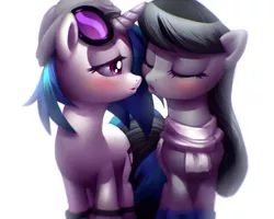 Size: 900x720 | Tagged: safe, artist:moonlitbrush, derpibooru import, octavia melody, vinyl scratch, earth pony, pony, unicorn, fanfic:university days, :o, beanie, bedroom eyes, blushing, boots, clothes, eyes closed, female, hat, imminent kissing, intertwined tails, lesbian, lips, mare, scarf, scratchtavia, shipping