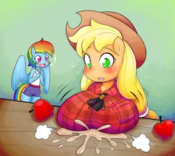 Size: 1280x1144 | Tagged: ambiguous facial structure, anthro, apple, applejack, applesauce, artist:basketgardevoir, blushing, breasts, busty applejack, derpibooru import, female, flannel, rainbow dash, suggestive, sweat