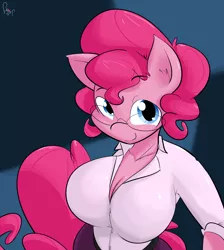 Size: 896x1000 | Tagged: anthro, artist:sanders, big breasts, breasts, busty pinkie pie, clothes, dead source, derpibooru import, female, fetish fridays, glasses, pinkie pie, plump, safe, solo