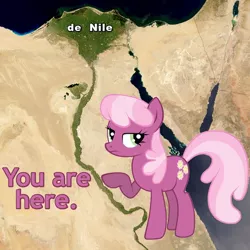 Size: 600x600 | Tagged: artist:bananabu, caption, cheerilee, denial, derpibooru import, egypt, image macro, map, meme, nile, nile river, pointing, pun, purple text, reaction image, river, safe, solo, unamused, visual pun