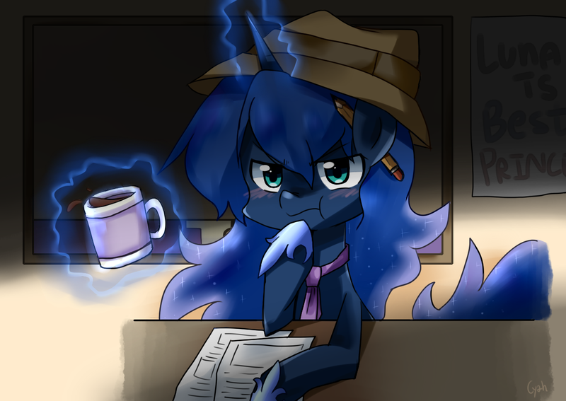 Size: 1200x850 | Tagged: artist:gyaheung, best princess, coffee, coffee mug, derpibooru import, friends forever, hat, levitation, magic, mug, necktie, pencil, princess luna, safe, scrunchy face, solo, :t