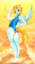 Size: 800x1452 | Tagged: anthro, armpits, artist:girlieginger, ass, breasts, clothes, derpibooru import, lightning dust, one-piece swimsuit, solo, suggestive, swimsuit, wedgie, wonderbolts swimsuit