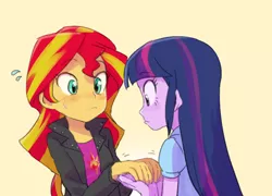 Size: 784x566 | Tagged: safe, artist:baekgup, derpibooru import, sunset shimmer, twilight sparkle, twilight sparkle (alicorn), equestria girls, rainbow rocks, blushing, female, friendship, friendshipping, lesbian, shipping, sunsetsparkle