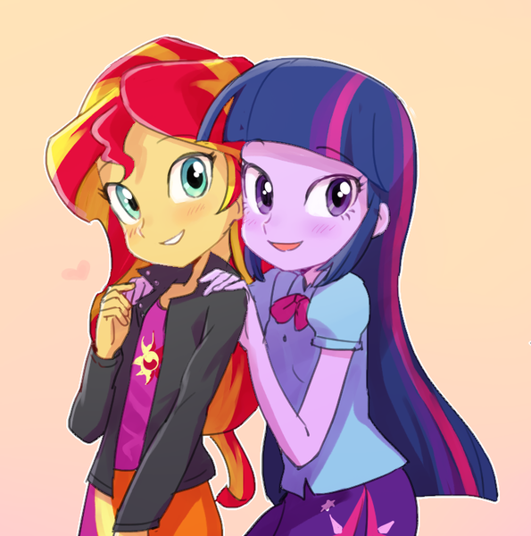 Size: 784x791 | Tagged: source needed, useless source url, safe, artist:baekgup, derpibooru import, sunset shimmer, twilight sparkle, twilight sparkle (alicorn), human, equestria girls, rainbow rocks, blushing, cute, female, friendship, grin, happy, heart, looking at you, open mouth, shimmerbetes, smiling, twiabetes