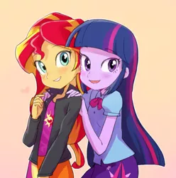 Size: 784x791 | Tagged: source needed, useless source url, safe, artist:baekgup, derpibooru import, sunset shimmer, twilight sparkle, twilight sparkle (alicorn), human, equestria girls, rainbow rocks, blushing, cute, female, friendship, grin, happy, heart, looking at you, open mouth, shimmerbetes, smiling, twiabetes