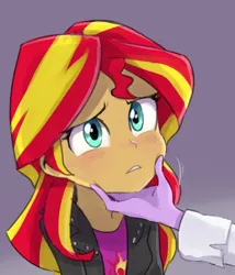 Size: 484x566 | Tagged: dead source, safe, artist:baekgup, derpibooru import, sci-twi, sunset shimmer, twilight sparkle, equestria girls, rainbow rocks, blushing, chin stroke, clothes, cute, female, frown, jacket, scitwishimmer, shimmerbetes, shipping, sunsetsparkle