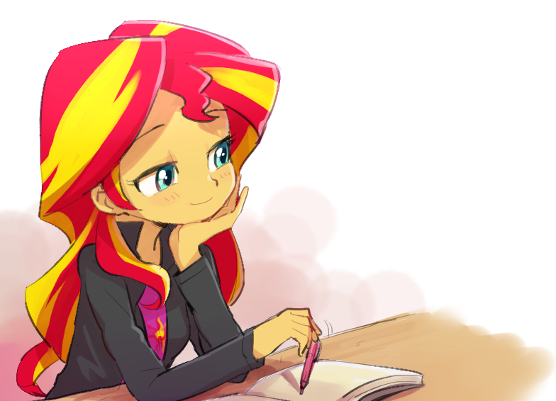 Size: 784x566 | Tagged: source needed, useless source url, safe, artist:baekgup, derpibooru import, sunset shimmer, human, equestria girls, rainbow rocks, clothes, cute, female, jacket, journal, leather jacket, pen, shimmerbetes, simple background, smiling, solo, table, white background
