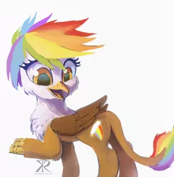 Size: 3943x4000 | Tagged: safe, artist:raikoh, derpibooru import, oc, oc:rainbow feather, unofficial characters only, cutie mark, happy, interspecies offspring, magical lesbian spawn, offspring, parent:gilda, parent:rainbow dash, parents:gildash, solo