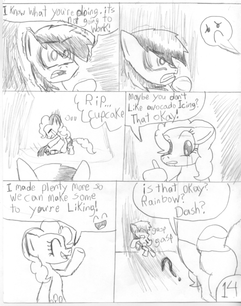 Size: 2511x3194 | Tagged: artist:banditmax201, avocado, comic, comic:rocket to insanity (banditmax201), crying, dead cupcake, derpibooru import, fanfic, fanfic art, fanfic:rocket to insanity, happy face, panic, pinkie pie, rainbow dash, sad face, semi-grimdark