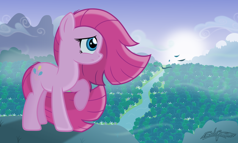 Size: 5000x3008 | Tagged: absurd resolution, artist:godoffury, cliff, cute, cuteamena, derpibooru import, forest, mountain, pinkamena diane pie, pinkie pie, river, safe, scenery, solo, windswept mane