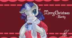 Size: 1280x686 | Tagged: artist:mrscurlystyles, blackletter, chocolate, christmas, christmas card, coffee mug, derpibooru import, food, holiday, hot chocolate, merry christmas, mug, rarity, safe, solo, wink