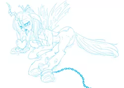 Size: 3000x2121 | Tagged: suggestive, artist:mrs1989, derpibooru import, queen chrysalis, ankle cuffs, captured, chains, heart, monochrome, tongue out, underhoof